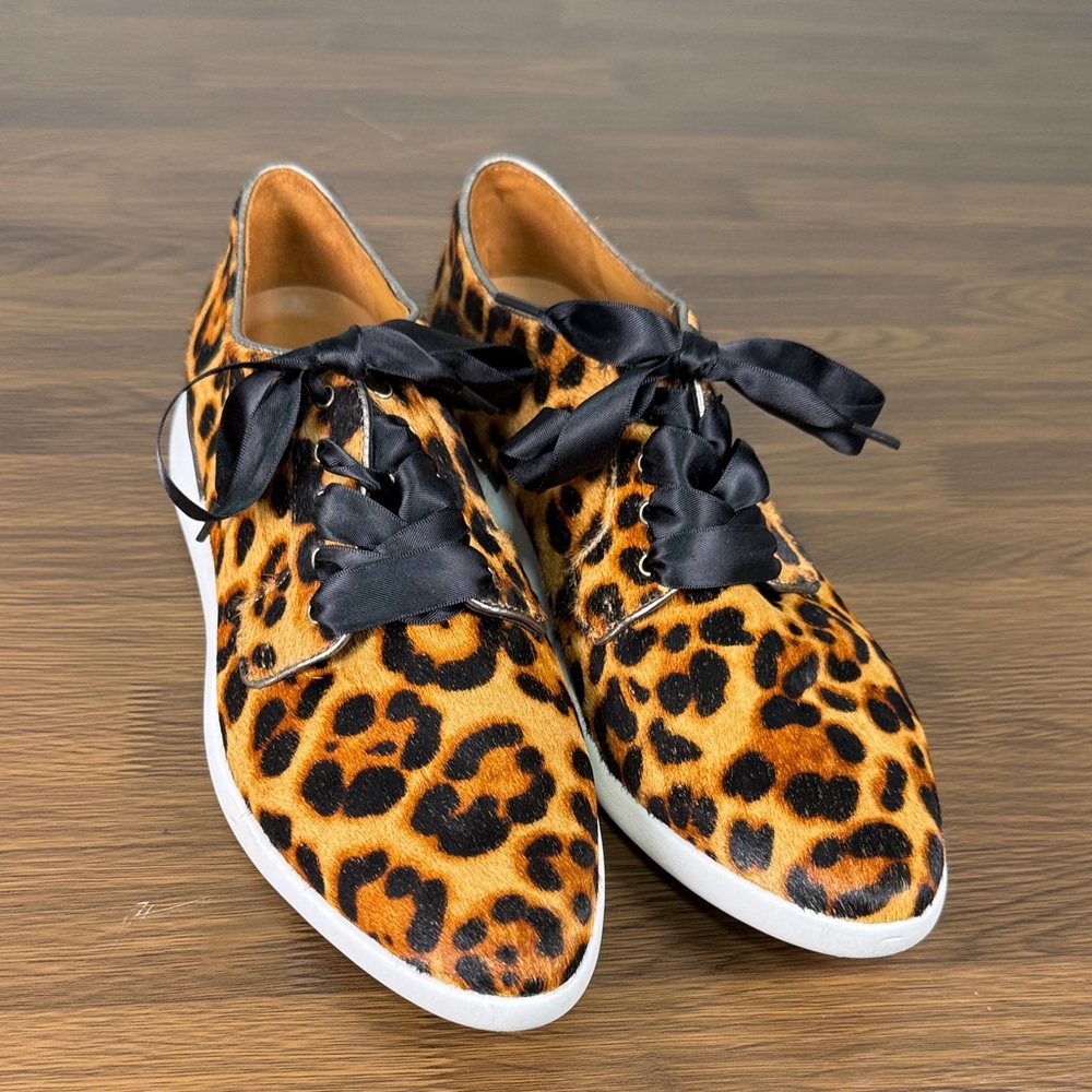 Johnston & Murphy Leopard Print Lace-Up Flats in Black and Brown